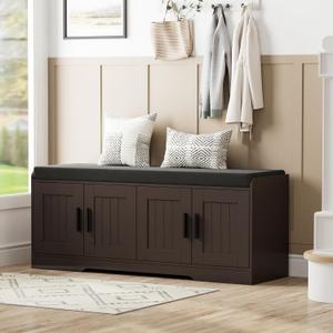 Homleke 2-Tier Storage Bench, Shoe Bench with Thickened Padded Seat Cushion, Entryway Bench with 4 Doors, Adjustable Shelf, 13.8" D x 45.3" W x 18.5" H, for Entryway, Living Room, Bedroom, Brown