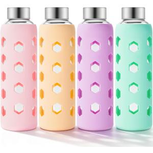 Mrsdry Glass Juice Bottles with Lids and Silicone Sleeves 18 oz, 4-Pack Reusable Clear Glass Water Bottles with Stainless Steel Airtight Cap for Juicing, Refrigerator, BPA Free Leak-Proof Drinking Jar, Mint