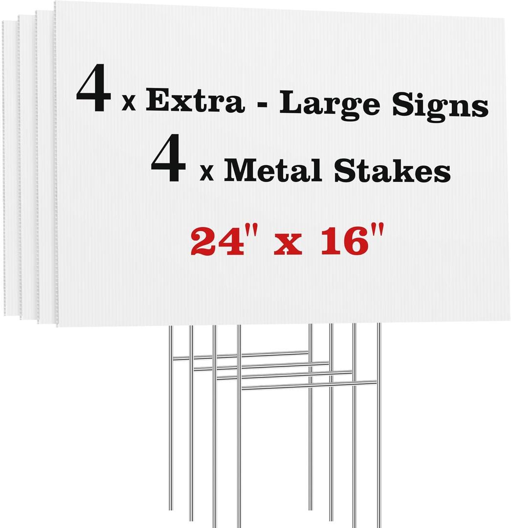 ComboJoy Blank Yard Signs with Stakes, 24 x 16 Inches Corrugated Plastic Custom Sign, Sturdy Stakes and Double-Sided, 4 Pack Large Sign for Garage, Rent, Birthday, Real Estate, Open House, and Guidepost