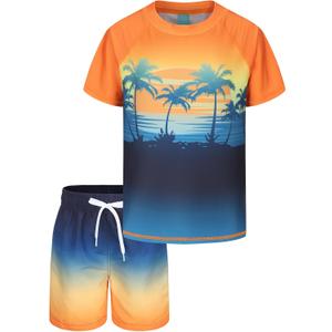 Boys Rash Guard Swimsuits Set for Boys Short Sleeve Swim Shirts with Trunks 2 Piece Quick Dry Swim Set (Blue)