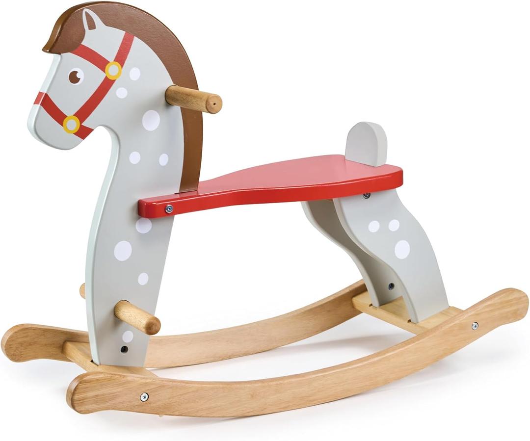 Mentari Toys - Rocking Horse - Sturdy Wooden Ride-On with Red Saddle and Harness - No-Tip Design, Grey with White Spots - Promotes Balance, Coordination and Imaginative Play - Age 12m+ Mentari Toys - Rocking Horse - Sturdy Wooden Ride-On with Red Saddle and Harness - No-Tip Design, Grey with White Spots - Promotes Balance, Coordination and Imaginative Play - Age 12m+