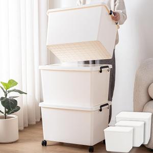 YUNGSHY 60 Quart white plastic large storage bins with lids,Durable Nestable container Secure Pull Handle organizing for home,school and office, 18×12×12" and 18×12×12"