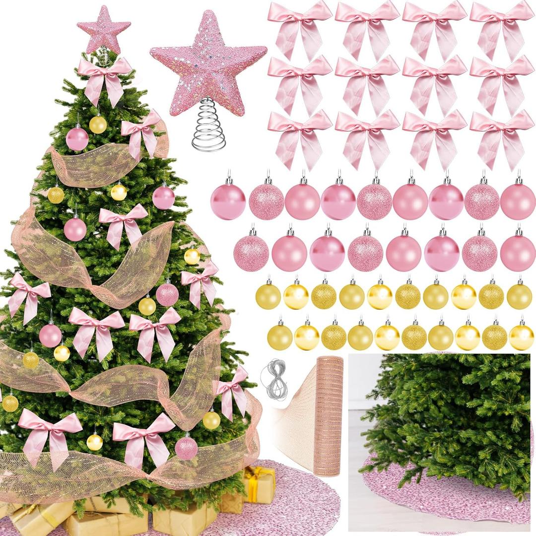 Cinrobiye Christmas Tree Decoration Set Including 48 Christmas Ornaments Balls,12 Bows,Tree Topper,Tree Skirt,Mesh Ribbon for Xmas Trees Holiday Party Garland Indoor DIY (Pink&Gold)