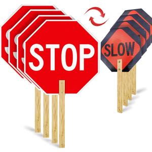 4 Pack Stop Slow Sign, 13 x 13 Handheld Stop Sign, Aluminum Crossing Guard Signs with Handle, Double Sided Reflective Signs, Waterproof, Weather Resistant