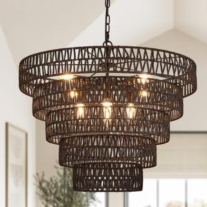 25.6" Black Hand-Woven Rattan Chandelier - Vintage Farmhouse 8-Lights Boho Large Bamboo Light Fixture - Retro 5-Tier Drum Wicker for Dining Room, Kitchen, Bedroom, E12