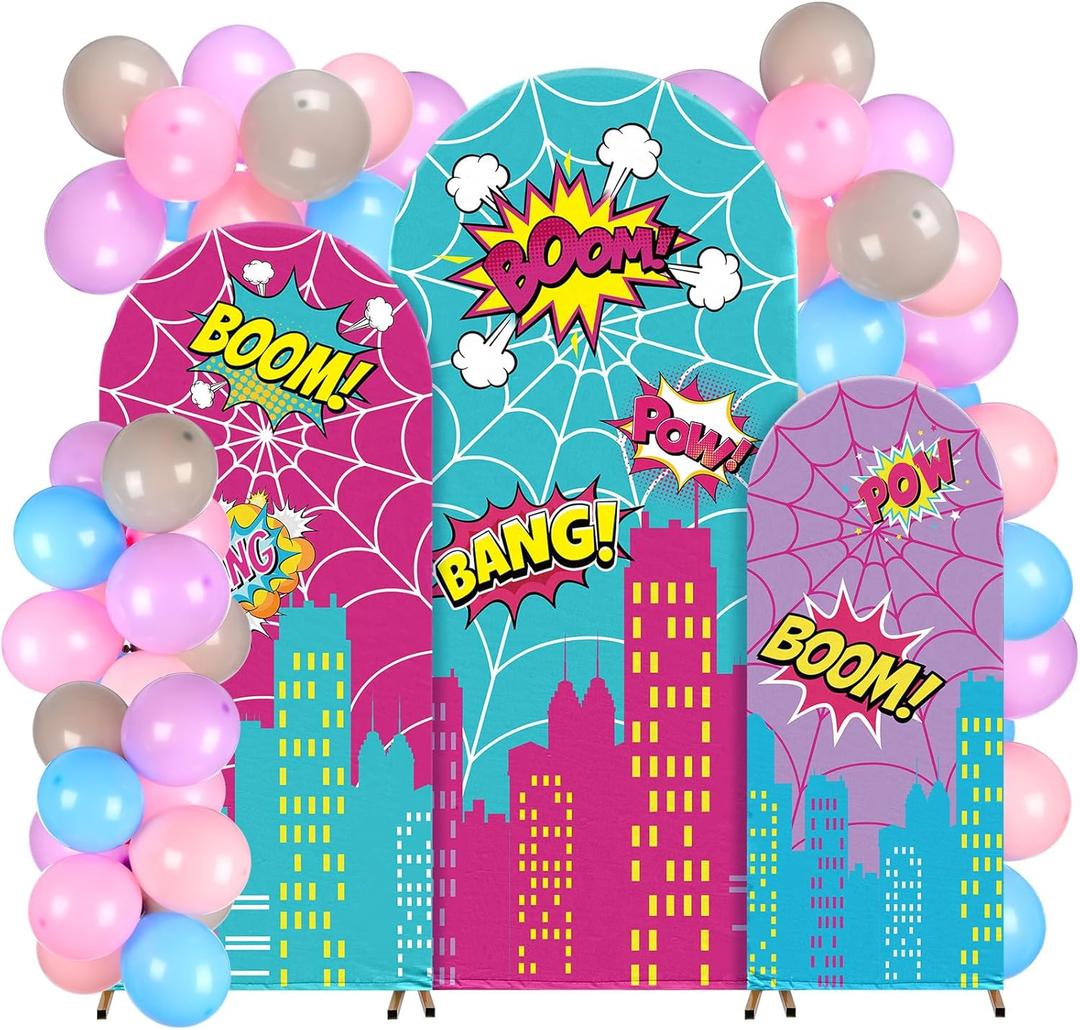 Tudomro 3 Pcs Spider Party Decoration Spider Backdrop Cover with Balloons Pink Purple Blue Spiderweb Backdrop Cover with Explosion Balloons for Girl Spidy Party Supplies Decorations (Cute)
