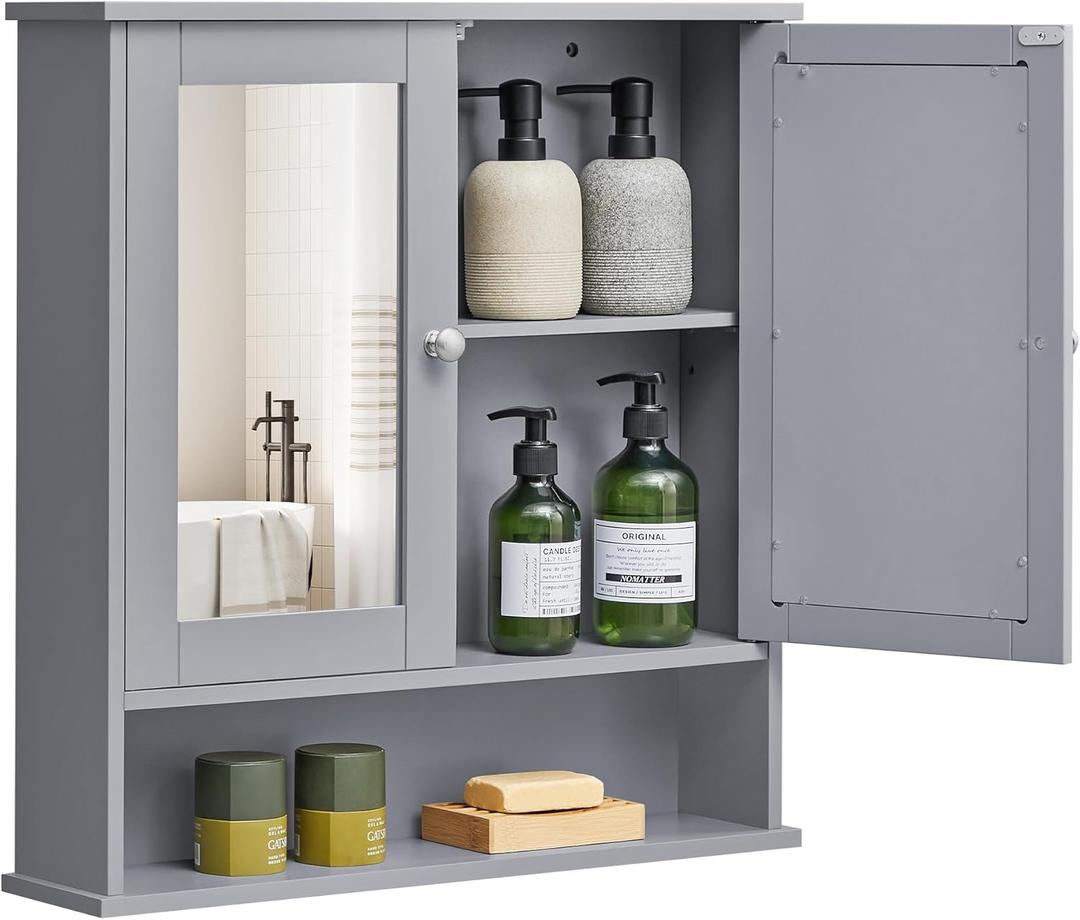VASAGLE Bathroom Cabinet with Mirror, Wall Cabinet with 2 Mirrored Doors, Adjustable Shelf, Open Compartment, Wall-Mounted, 5.1 x 22.2 x 23 Inches, Dove Gray ULHC002G02 (5.1"D x 22.2"W x 23"H)
