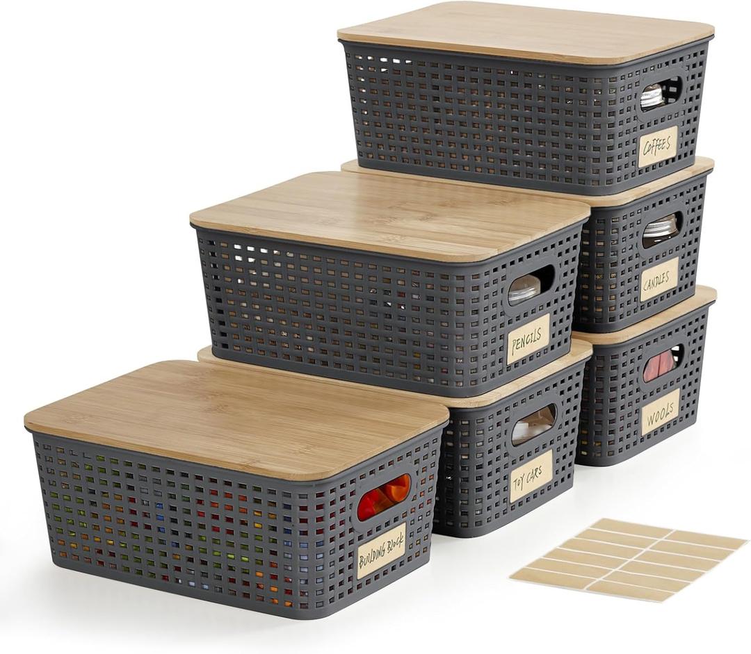 Small Plastic Storage Bins with Bamboo Lids 5.2qt Stackable Box Basket Pantry Decorative Containers Cute with Lable for Organizing Desktop Closet Office Gray of 6 packs 10 * 7.2 * 4.1