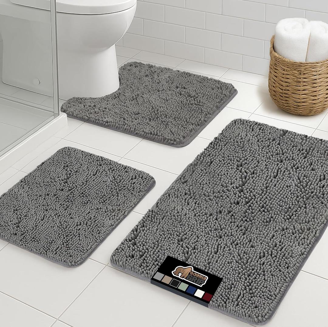 GORILLA GRIP Bathroom Rug Sets 3 Piece, Bath Mat Set and Oval Toilet Base with Rubber Backing, Plush Absorbent Shaggy Chenille Washable Mats, Includes 24x19.5, 24x17 and 30x20 Inch Rugs, Grey