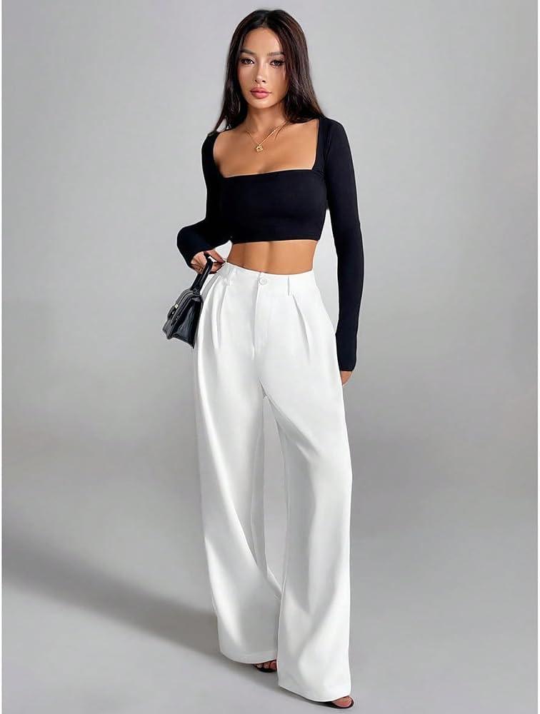 Women's Elegant High Waist Wide Leg Trousers, Loose Fit Dress Pants for Office and Casual Wear (White, L)