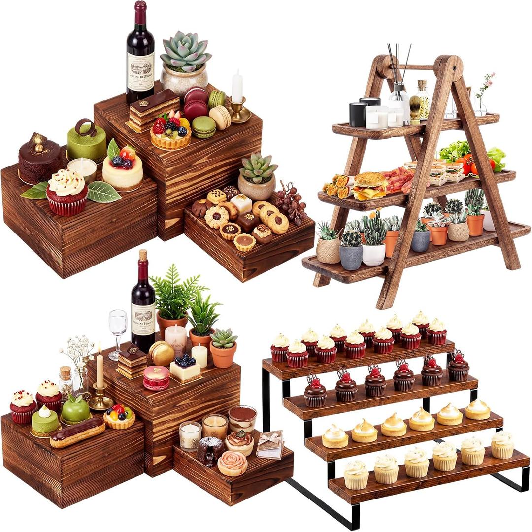 Willinglong 8 Pack Wood Risers for Buffet Table Dessert Table Display Set