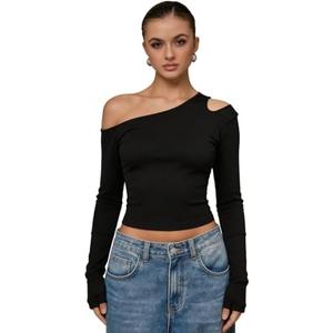 FAIMILORY Spring Fall Women's Asymmetrical Neck Off Shoulder Long Sleeve Slim Tops Going Out One Shoulder T Shirt S