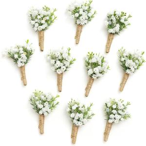 Ling's Moment Boutonniere for Men, 10pcs Groomsmen Guest Boutonniere, Artificial Flowers for Wedding Dcor/Prom/Homecoming,etc.Baby Breath White