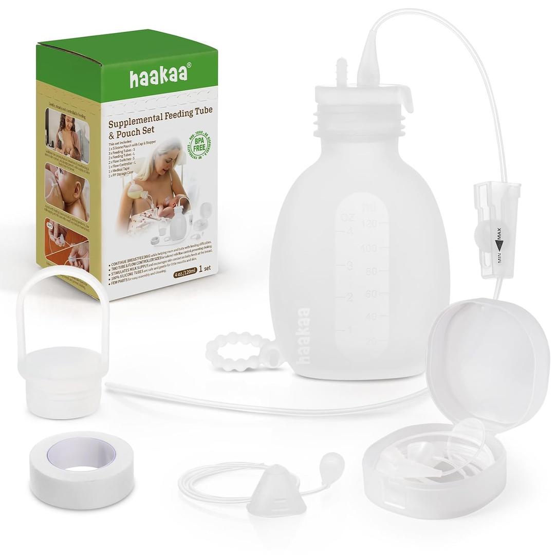 haakaa Supplemental Feeding Tube & Pouch Set, Baby Supplemental Nursing System, SNS Breastfeeding System, Food Grade Silicone, New Upgraded Design with Dual Tube Flow Control