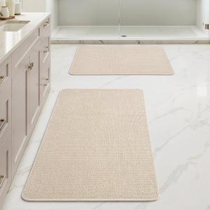MIULEE Set of 2 Ultra Thin Bathroom Rugs, Rubber Bath Mats for Bathroom Non Slip, Quick Dry Absorbent Bath Rug Machine Washable, Fit Under Door, Shower, Sink, Home Decor, Light Beige, 17"x27"+20"x32"