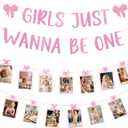 Girls Just Wanna Be One Birthday Decorations, Pastel Pink and Purple Bow Themed Banner and Photo Garland Set, Baby Girl First Birthday Decorations
