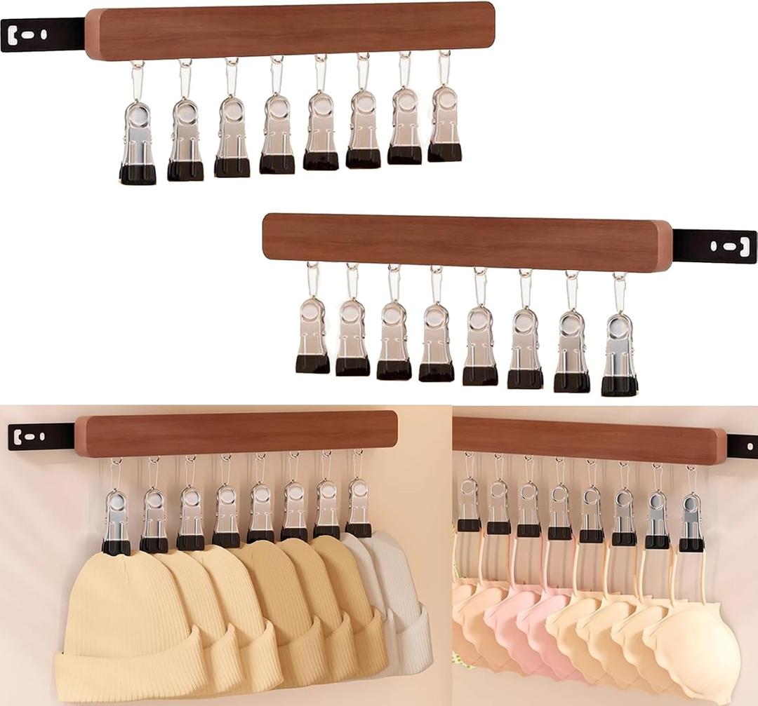 2PCS Pull Out Closet Hanger with 8 Hooks, Wall-Mounted Wooden Closet Valet Rod Slide Out with Non-slip Rubberized Clips, Left & Right Pull out Belt Organizer for Closets, Bra, Underwear
