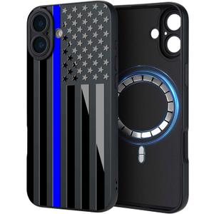 Case for iPhone 16 [Compatible with MagSafe] Thin Blue Line US USA Print Cool Design for Men Boys American Flag Stars and Stripes Patriotic Theme Soft TPU Protective Shockproof Mate Black