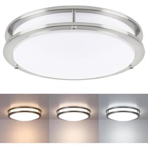 16 Brushed Nickel Flush Mount Ceiling Light Fixture - 16 Inch Brushed Nickel LED Ceiling Light 3000K/4000K/5000K Color Changing Modern Bathroom Fixture for Bedroom,25W