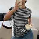 Women's Fashion Vests Crew Neck Striped Knit Short Sleeve Top (Black)