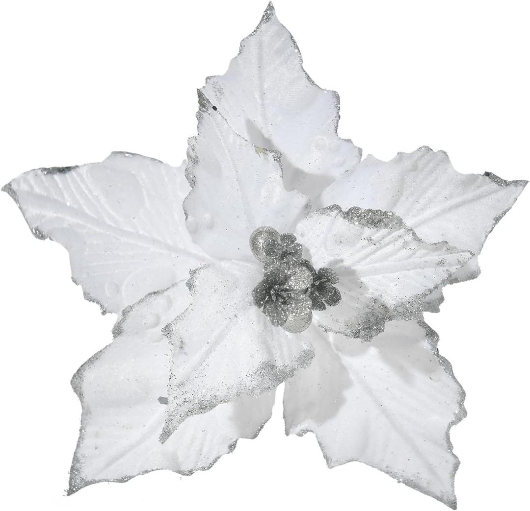 Christmas Poinsettia 10pcs 10-Inch Large Christmas Flowers Picks Spray Artificial Velvet Glitter Flower Ornaments for Christmas Tree Wreath Garland Decoration (White)