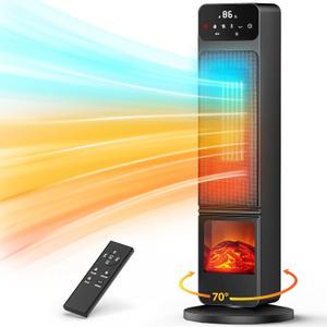 Space Heater, 1500W Electric Fireplace Heaters Indoor Portable with Child Lock & ECO Mode, PTC Ceramic, 3D Flame, 12H Timer, Remote Control, 70 Oscillation, Heating & Fan Modes for Home & Office
