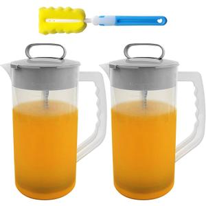 2 Pack Mixing Pitcher for Drink, 2 Quart/ 64oz Plastic Water Pitcher with Lid and Clean Sponge Brush, Angled Plastic Blades and Adjustable Mixer Plunger for Juice, Milk, Beverage Container