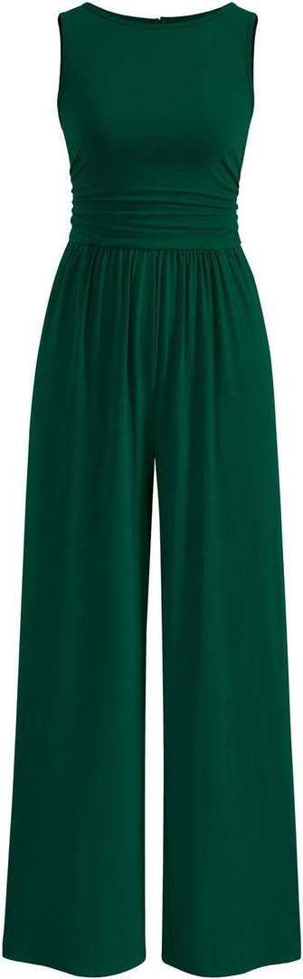 PRETTYGARDEN One Piece Jumpsuits for Women Dressy Casual Sleeveless Crewneck Wide Leg Rompers Jumpers 2026 Vacation Summer Outfits(Dark Green, M)