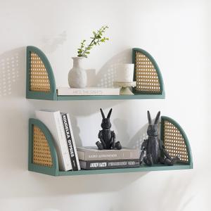 Rattan Wall Shelf 16 inch Floating Shelves Rustic Wood Wall Mounted Storage Shelves for Living Room Bathroom Kitchen Boho Wall DecorGreen