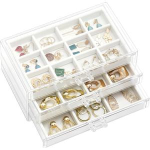 ProCase Earring Holder Organizer Jewelry Box with 3 Drawers, Acrylic Clear Earring Case with Adjustable Velvet Trays for Women - Warmwhite, 3 Layers