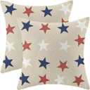4th of July Throw Pillow Cover, 18x18 Inch Set of 2 Blue Red White Stars Patriotic Decorative Outdoor Cushion Cover Independence Memorial Day Pillow Cases Linen Farmhouse for Sofa Couch Bed
