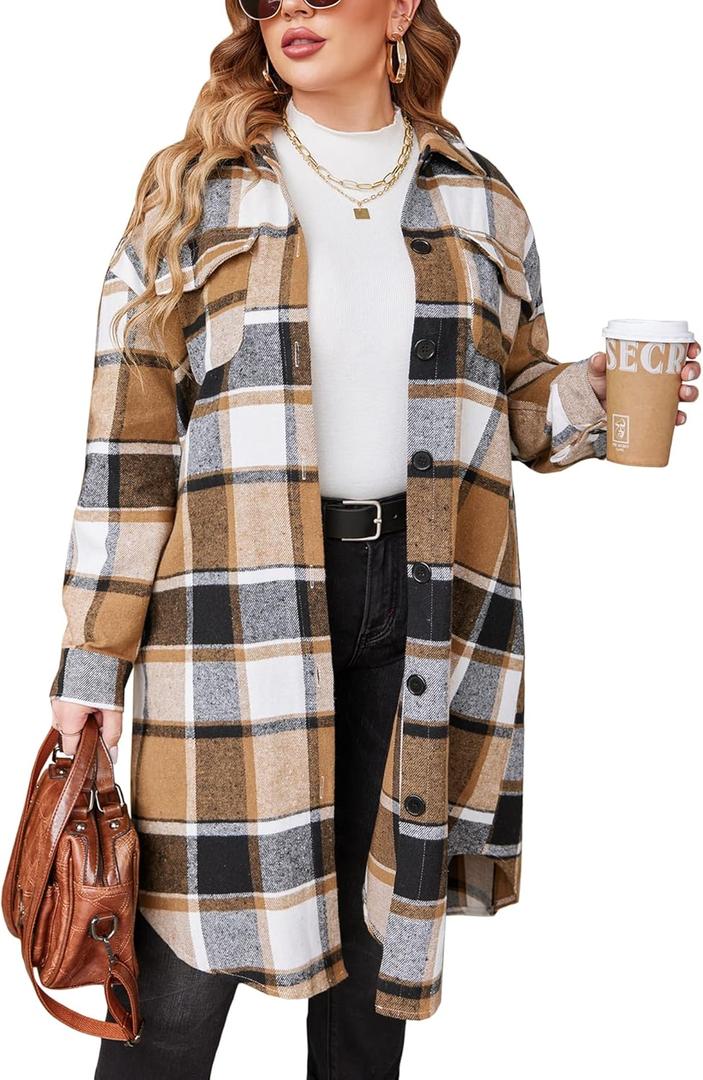 IN'VOLAND Womens Flannel Plaid Shirts Plus Size Long Sleeve Lounge Khaki Brown Long Button Down Jacket Shacket Coats 16W
