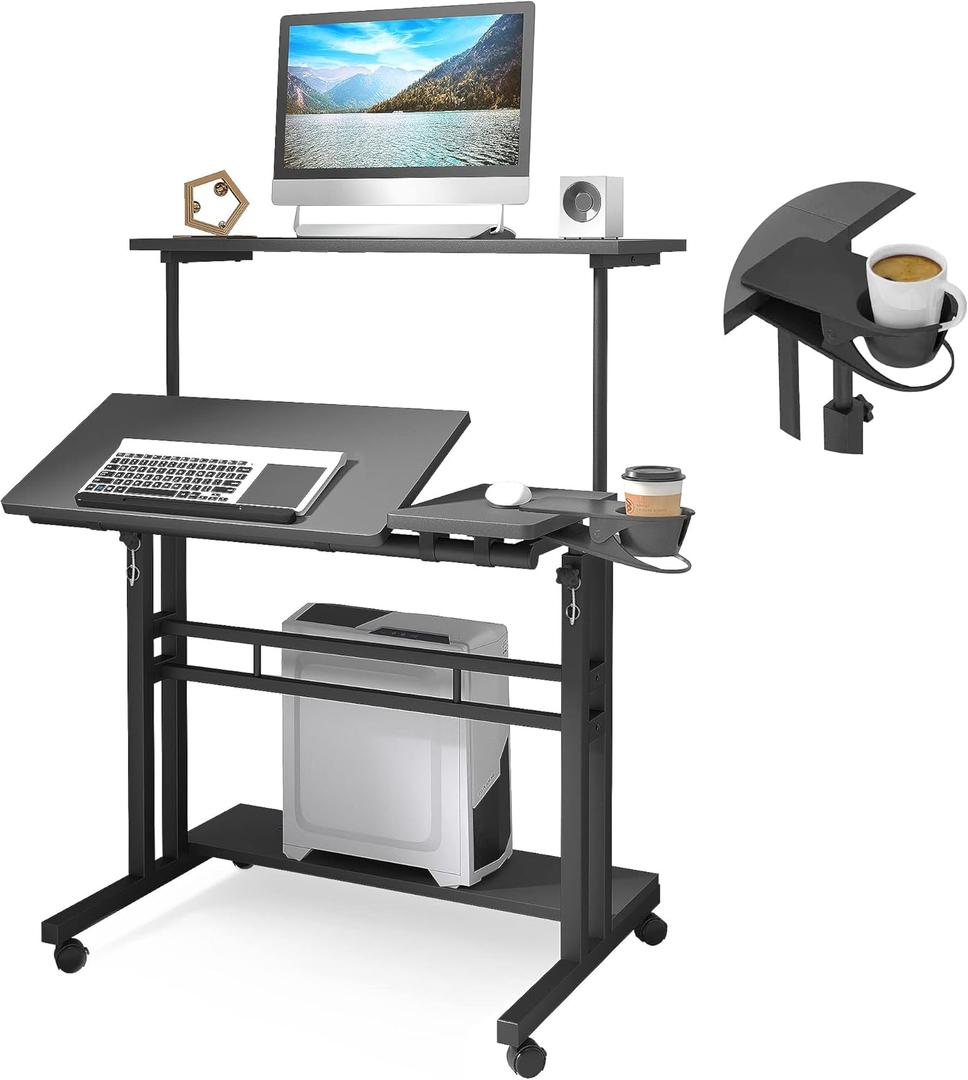 Mobile Standing Desk, Adjustable Rolling Computer Desk with 3 Desktops, Portable Laptop Table with Cup Holder, Home Office Laptop Workstation on Lockable Wheels, Black