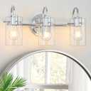 3 Lights Vanity Light, Polished Chrome Bathroom Wall Light Fixture Over Mirror, Modern Wall Sconce with Clear Glass Shade, Farmhouse Mount Lamp for Washroom, Living Room, Workshop