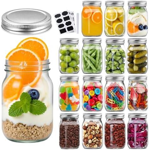 Accguan 16oz Glass Mason Jars with Regular Airtight Lids Ideal for Jam,Honey,Shower/ Wedding Favors, Clear, 15 pack