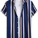OYOANGLE Men's Color Block Striped Print Short Sleeve Button Up Casual Shirt L