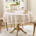 Farmhouse Round Linen Textured Tablecloth Lattice Cutwork Waterproof & Stain Resistant Table Cloth Wrinkle Free Round Table Cover for Dining Room and Outdoor Party, 47 Inch Dia, Natural