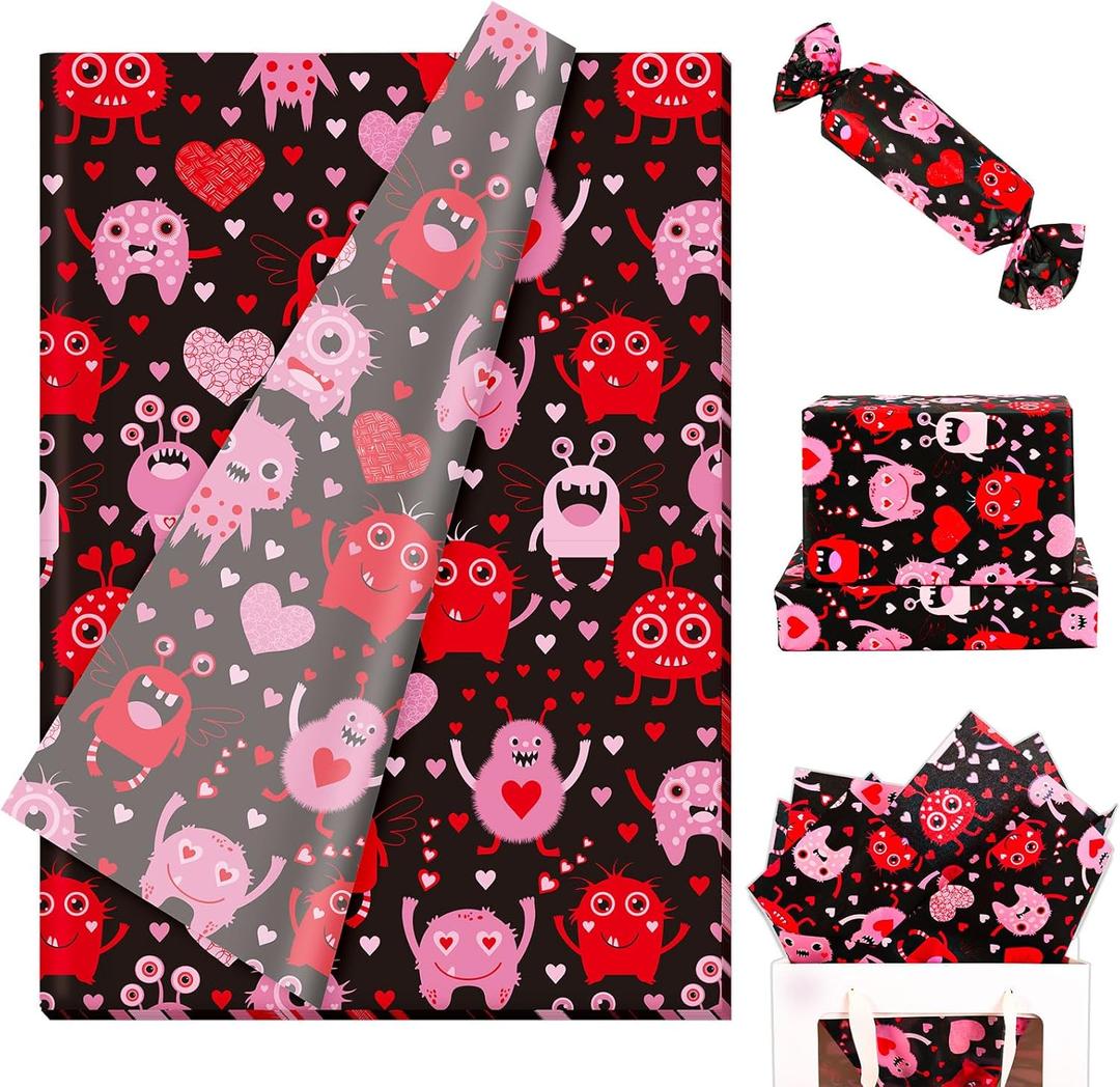FYSUIMU 100 Sheets Valentine's Day Monster Tissue Paper Black Pink Red Heart Monster Gift Wrapping Paper for DIY Crafts Wedding Anniversary Party Supplies, 13.8 x 19.7 Inch