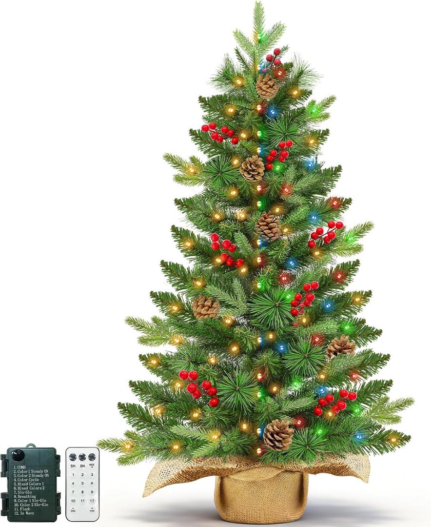Remote Control-3 ft Artificial Small Christmas Tree with Dual Color Change Lights Timer, Perfect PE+PVC Spruce Mini Tabletop Christmas Tree, Pinecone Red Berry Burlap Base for Xmas Desk, Home Decor
