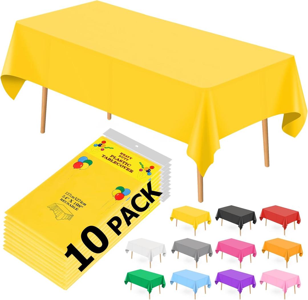 10 Pack Yellow Plastic Tablecloths for Rectangle Tables, 54 x108 Inch Plastic Table Cloths for Parties Disposable for Birthday & Weddings, Table Cover for Christmas and Festivals Party (Yellow)