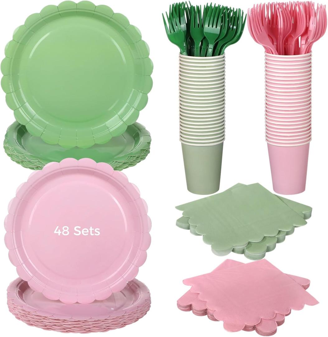 Homaisson 48 Sets Green and Pink Party Supplies, 7 in Paper Plates, Cups, Napkins, Forks for Birthday, Picnic, Shower, Witch Theme Decorations, Disposable Tableware for Party Celebration