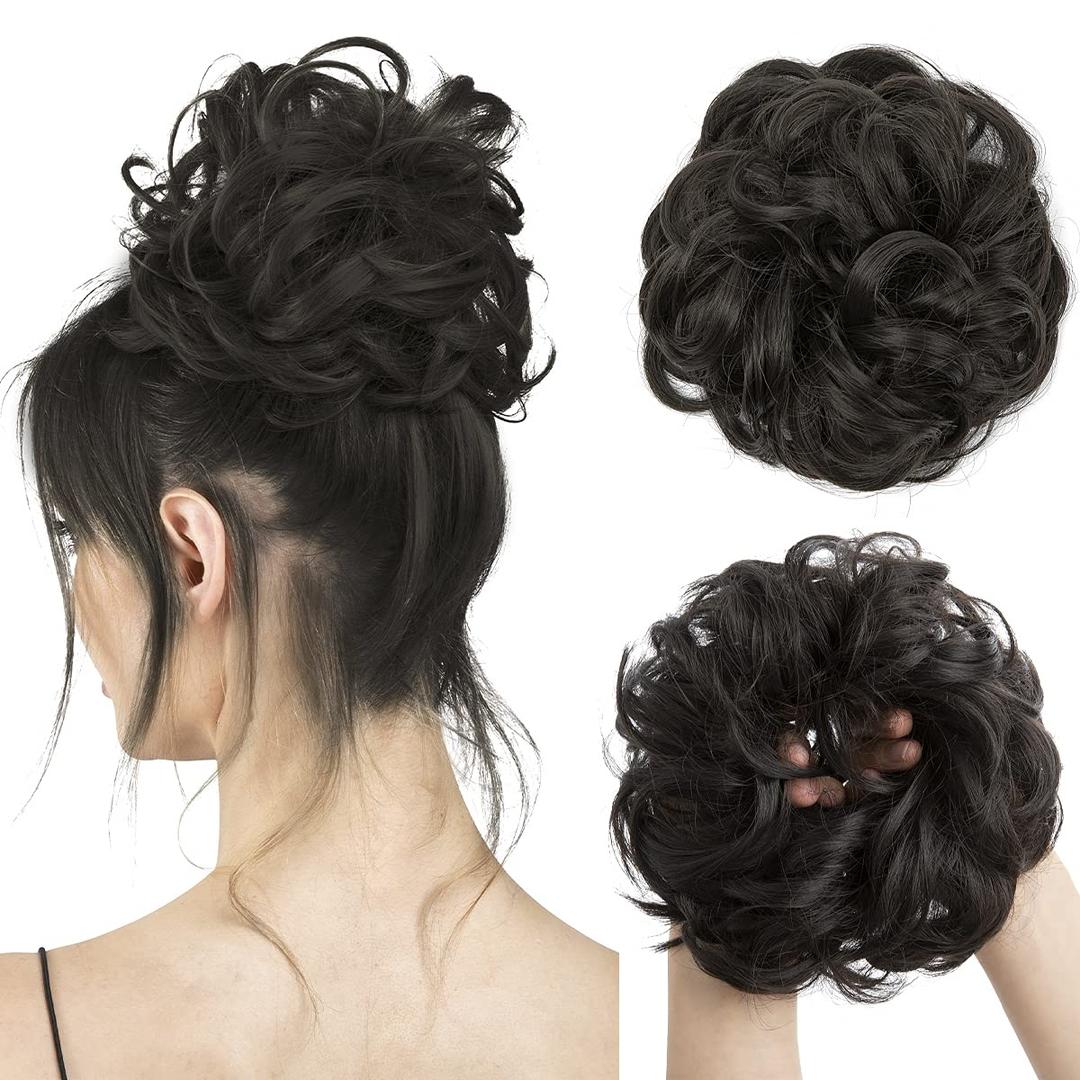 CJL HAIR Large Messy Bun Hair Piece Wavy Curly Scrunchies Synthetic Chignon Ponytail Hair Extensions Thick Updo Hairpieces for Women Brown Black