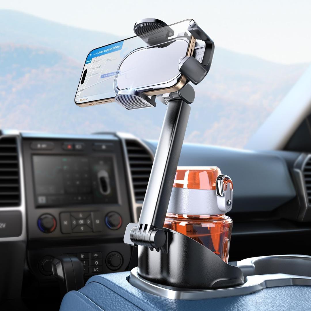 eSamcore Cup Holder Phone Holder, Unobstructed Cup Holder Phone Mount for Your Car Cupholder (2.5"-4") with Flexible C-Shaped Base, 360 Swiveling, 0.8" Deep Clamp Compatible with iPhone 4.7"7"