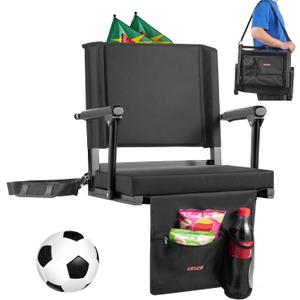 VEVOR Stadium Seat, Portable Bleacher Seat with Armrest, Back Support and Thick Cushion, Bench Chair for Bleacher Includes Shoulder Strap, Hooks, Cup Holder, Black Football Bleachers Seats, 1PCS (Black)