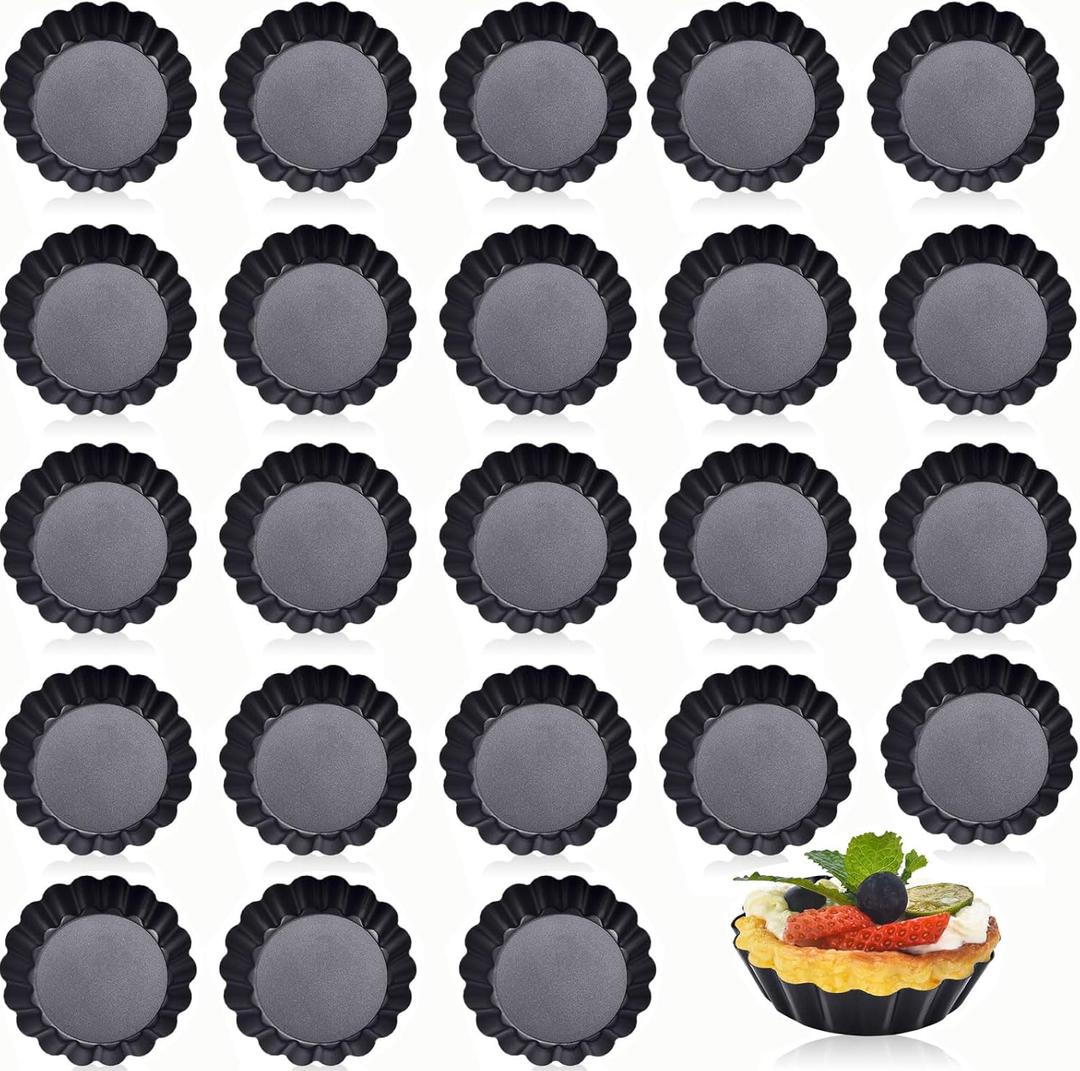 DATANYA 24Packs Mini Tart Pans 3 Inch with Removable Botttom, Carbon Steel Fluted Tart Tin Shell Mold Round Nonstick 3'' Quiche Pans for Pies, Mousse Cakes, Dessert Baking