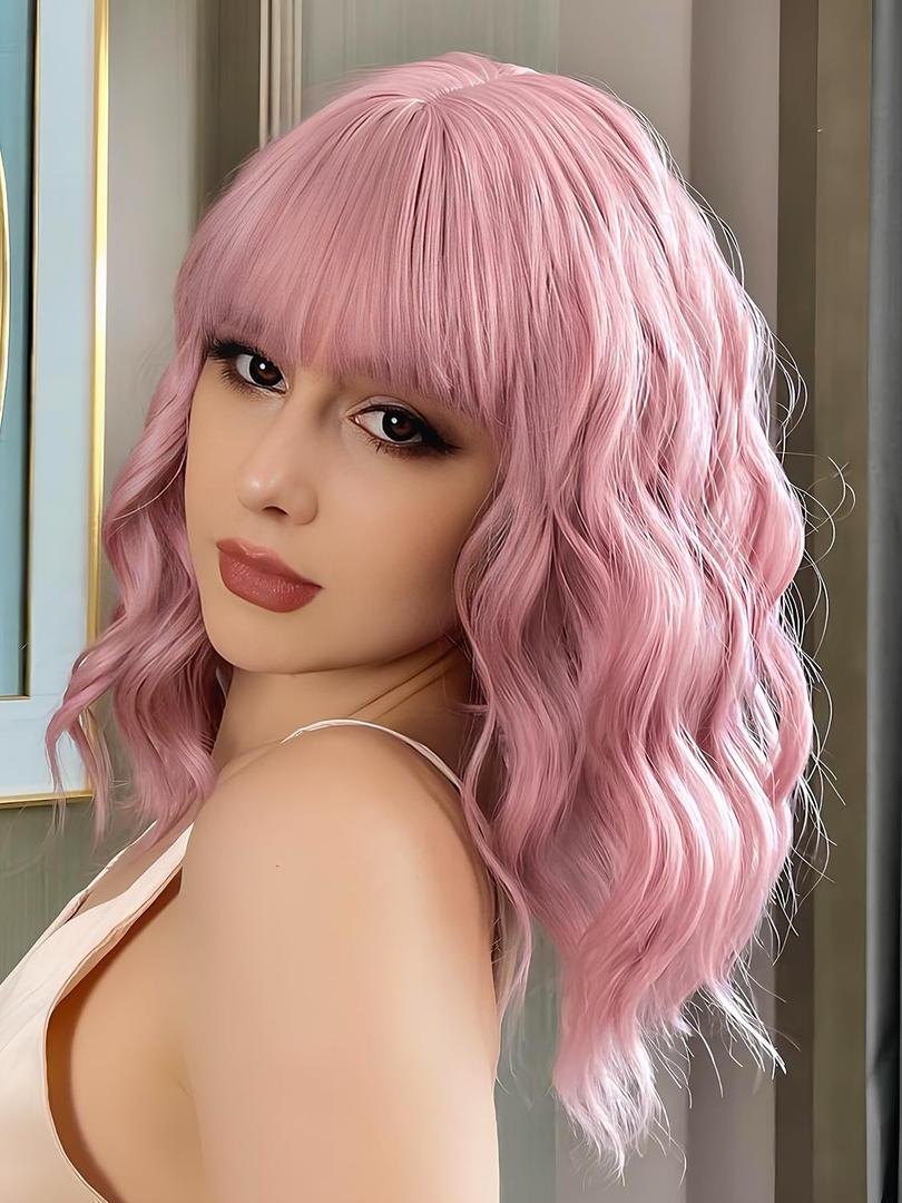 Short Bob Wigs 14" Pink Wigs with Bangs for Women Wavy Shoulder Length Synthetic Wig Colorful Cosplay Daily Party Wigs for Women