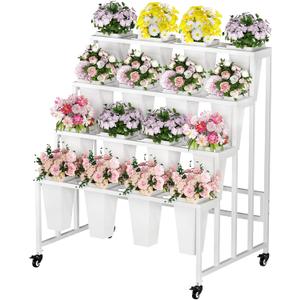 Flower Display Stand with 16 Buckets, 4 Layers Flower Bar, White Metal Plant Stand with Wheels, Heavy Duty Flower Cart for Indoor Outdoor Patio Garden Wedding Florist, White Metal Frame