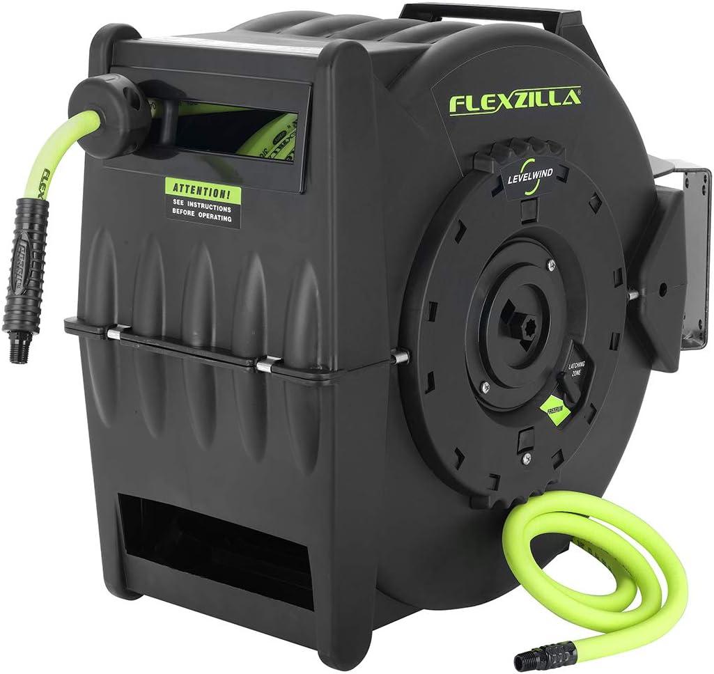 Flexzilla Pro Levelwind Retractable Air Hose Reel, 3/8 in. x 50 ft., Heavy Duty, Lightweight, Hybrid, ZillaGreen - L8305FZ