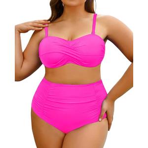 Yonique Women Plus Size High Waisted Bikini Sets Two Piece Strapless Swimsuits Tummy Control Bathing Suit Bandeau Swimwear ( Pink 12W)
