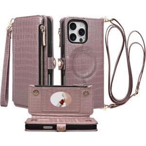 Crossbody Wallet Case for iPhone 16 Pro Max with Mirror, Wrist Strap, Zipper Purse Magnetic Flip RFID Blocking Card Holder, Wireless Charging, PU Leather Shockproof 6.9" Women (Rose Gold)